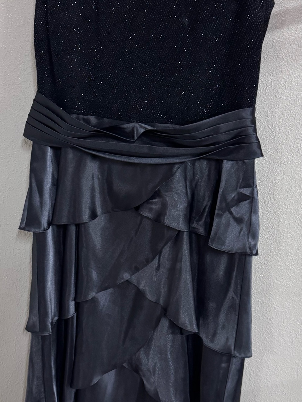 Patra Black Satin Tiered Evening Gown